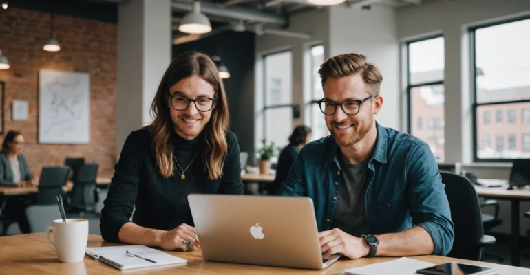 NYC web designer and video editor collaborating in modern office