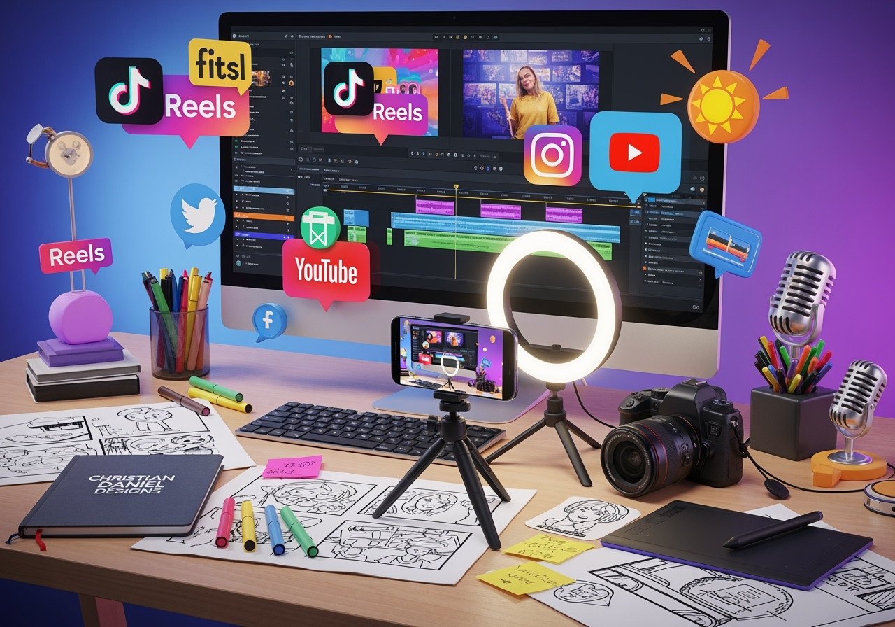 A workspace featuring a computer, camera, and various social media icons related to content creation.