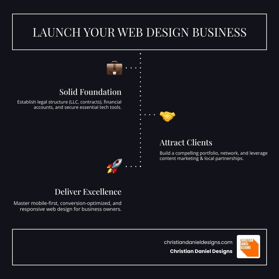 Infographic showing the 5 key steps to launch a web design business: 1) Legal and financial setup with LLC formation and contracts, 2) Essential equipment including computer and design software, 3) Building portfolio through personal projects and networking, 4) Marketing through content creation and local partnerships, 5) Service delivery focused on mobile-first responsive design - web design for business owners infographic infographic-line-3-steps-dark Infographic showing the 5 key steps to launch a web design business: 1) Legal and financial setup with LLC formation and contracts, 2) Essential equipment including computer and design software, 3) Building portfolio through personal projects and networking, 4) Marketing through content creation and local partnerships, 5) Service delivery focused on mobile-first responsive design - web design for business owners infographic infographic-line-3-steps-dark