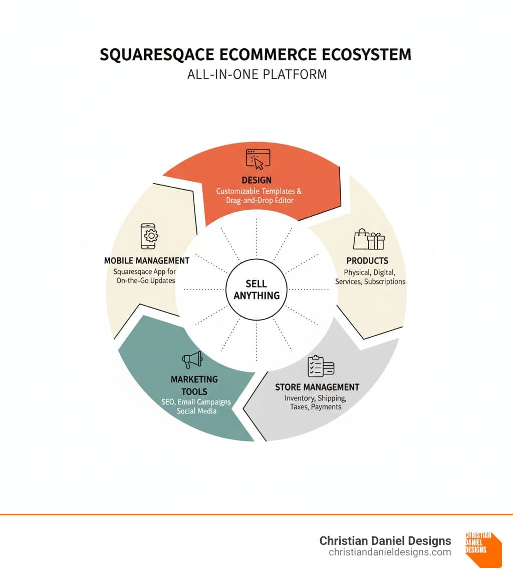 Infographic showing the complete Squarespace ecommerce ecosystem: Starting with Design (customizable templates and drag-and-drop editor), moving to Products (physical, digital, services, subscriptions), then Store Management (inventory, shipping, taxes, payments), Marketing Tools (SEO, email campaigns, social media), and Mobile Management (Squarespace app for on-the-go updates), all connected in a circular flow demonstrating the all-in-one nature of the platform - squarespace ecommerce website infographic 
