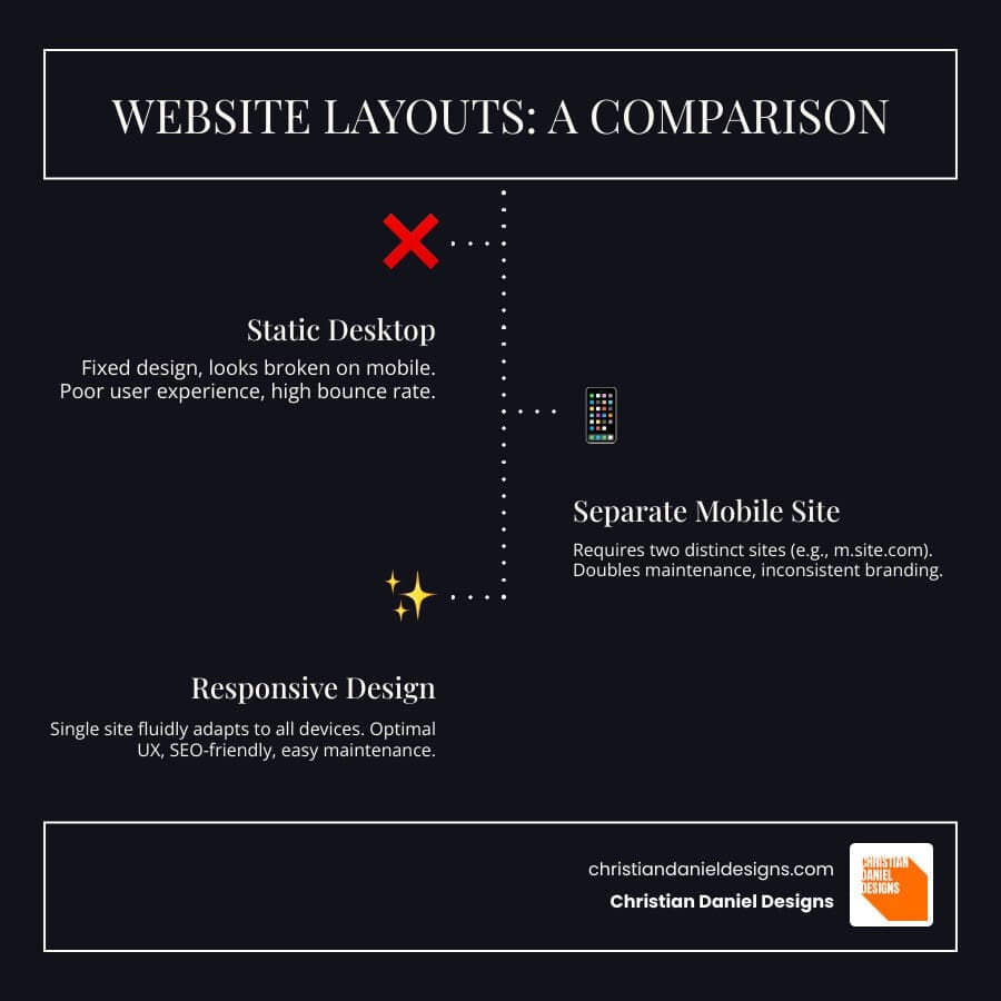 Infographic showing three website layouts side by side: a static desktop layout that breaks on mobile, a separate mobile site that requires maintenance of two sites, and a responsive design that fluidly adapts from desktop to tablet to smartphone with the same content reorganizing seamlessly across all screen sizes - Responsive restaurant websites infographic infographic-line-3-steps-dark
