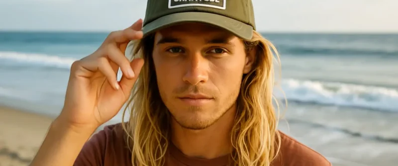 Person on beach wearing 'State of Gratitude' cap, NYC web designer inspiration.