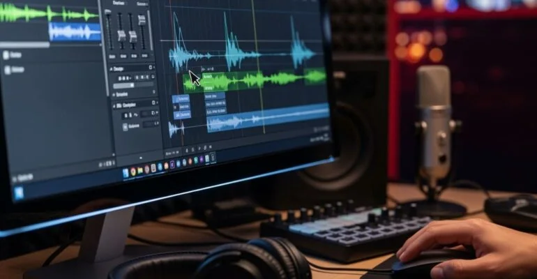 NYC video editor using audio editing software on a desktop computer.