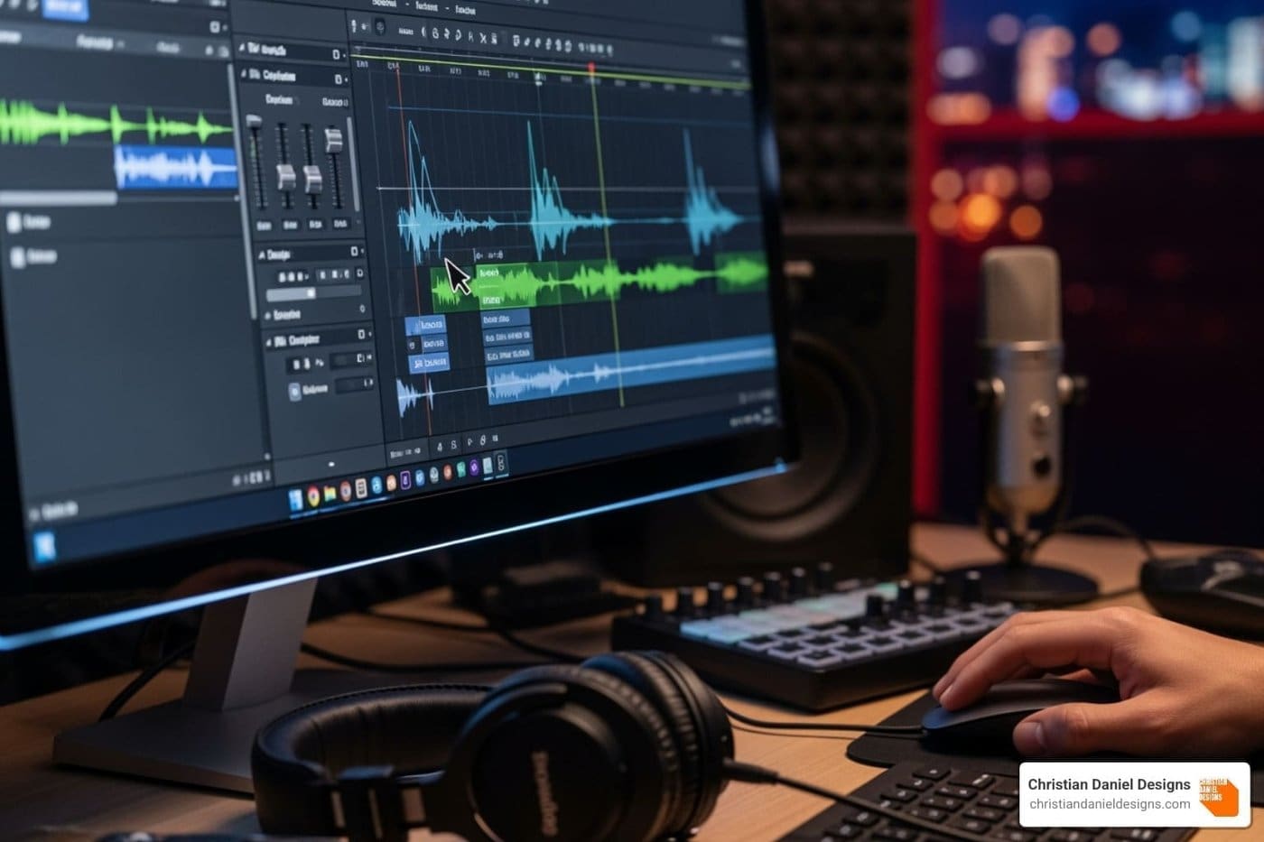 NYC video editor using audio editing software on a desktop computer.