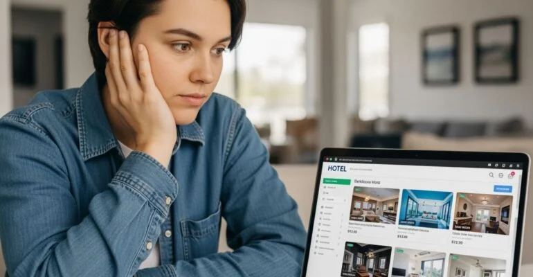 NYC web designer reviewing hotel website designs on a laptop.