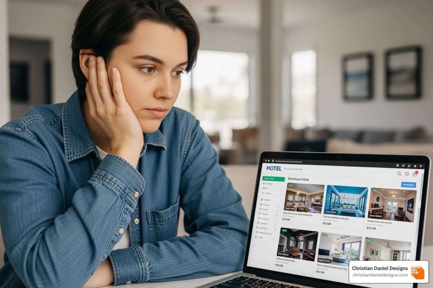 NYC web designer reviewing hotel website designs on laptop.