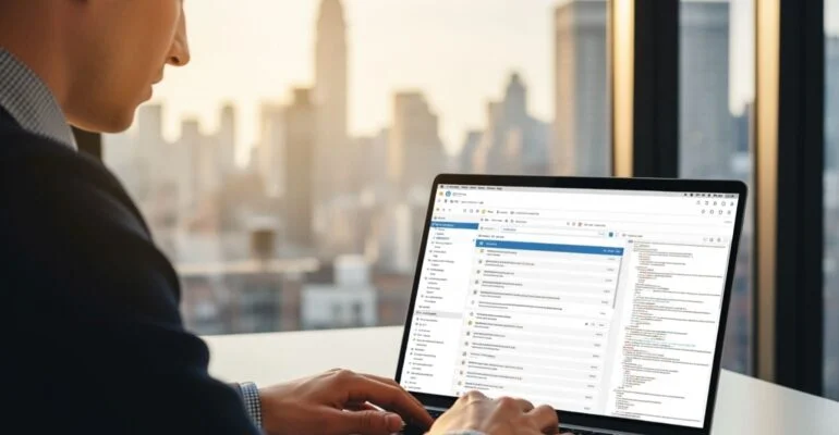 NYC web designer working on a laptop with city skyline view