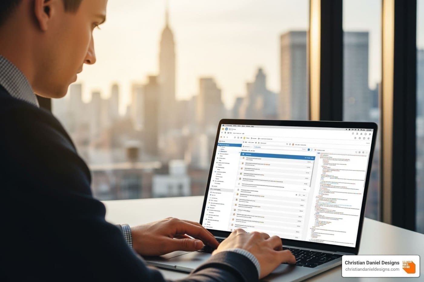 NYC web designer working on a laptop with city skyline view.