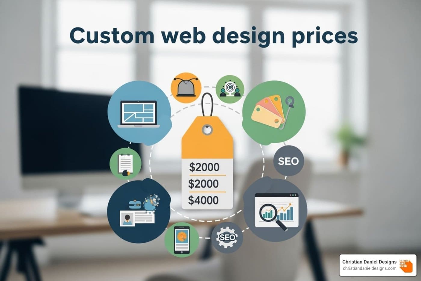 Custom web design prices infographic by Christian Daniel Designs, featuring NYC web designer and Squarespace, WordPress options.
