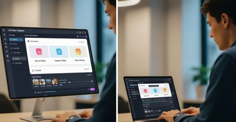 NYC video editor using AI tools on desktop and laptop for web design projects.