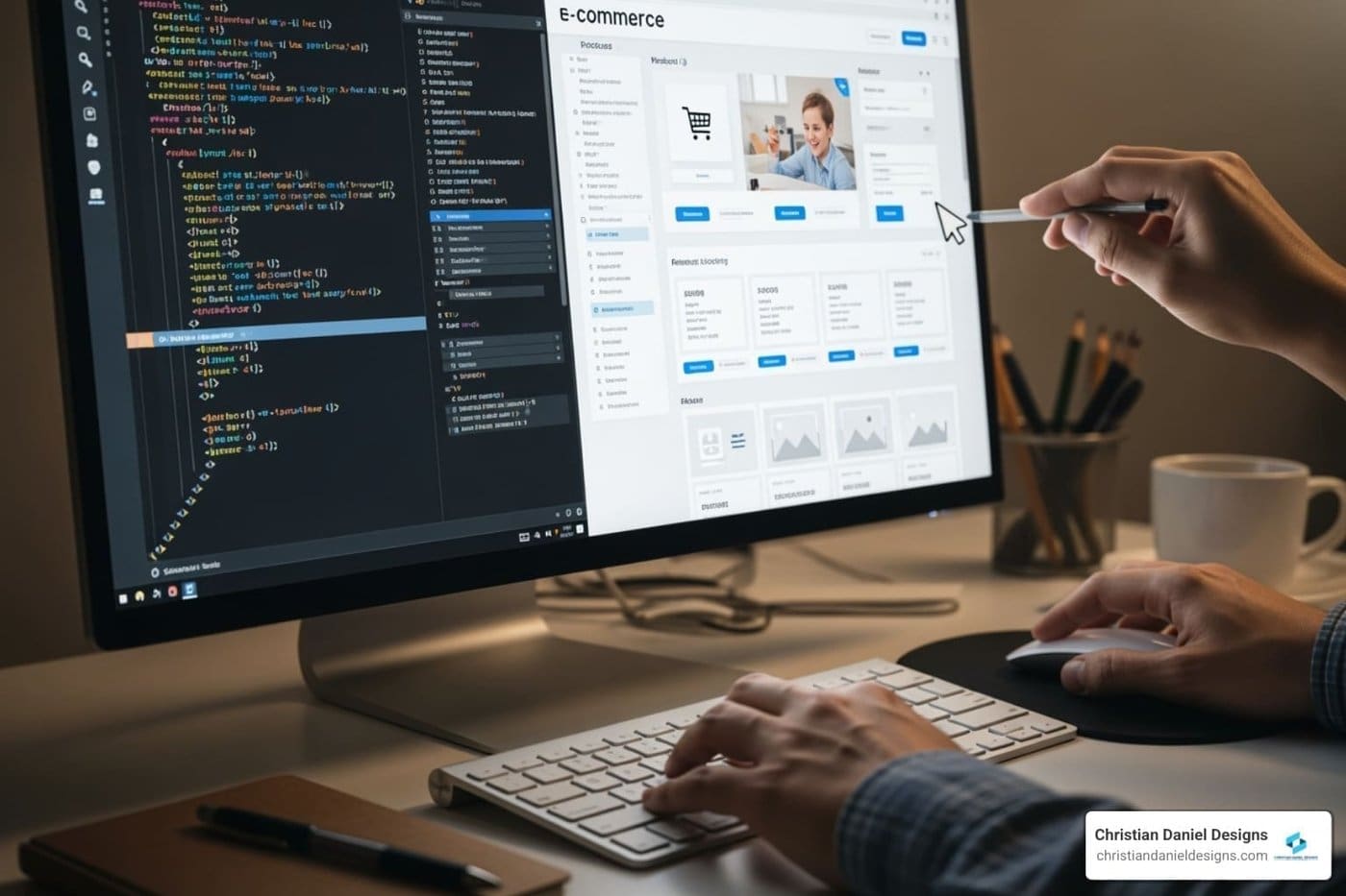 NYC web designer creating a custom e-commerce solution on a computer screen.