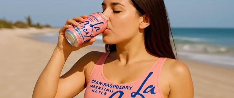 Woman on beach drinking La Croix, NYC video editor and web designer inspiration.