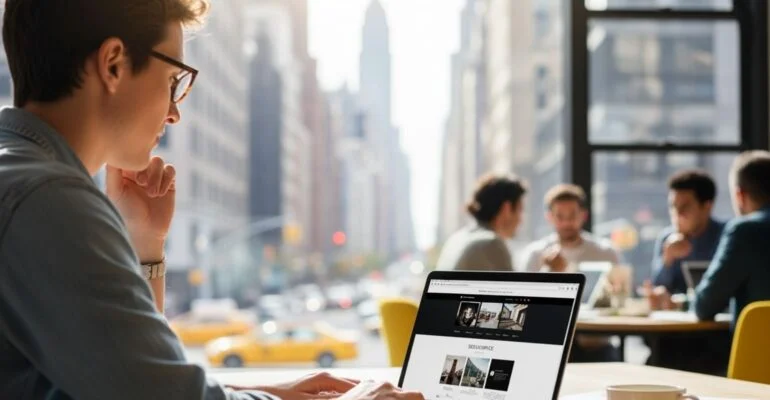 NYC web designer working on Squarespace website in a cafe.