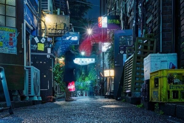 Vibrant NYC alleyway at night, ideal for video editing and web design inspiration.
