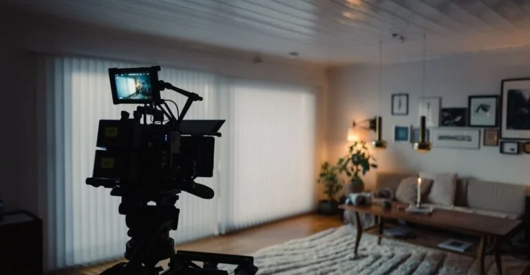 NYC video editor setup in modern living room for real estate marketing.