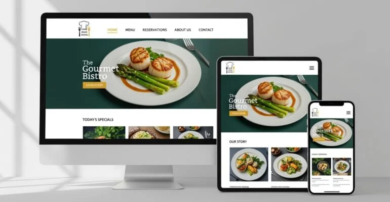 Responsive restaurant website design on desktop, tablet, and mobile by NYC web designer.