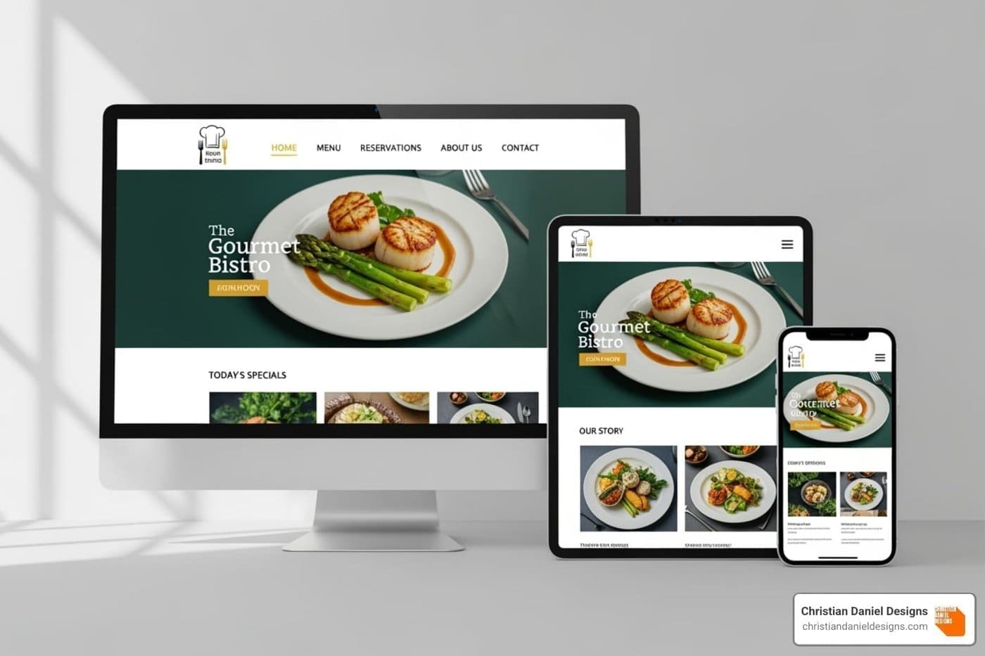 Responsive restaurant website design on desktop, tablet, and mobile by NYC web designer.
