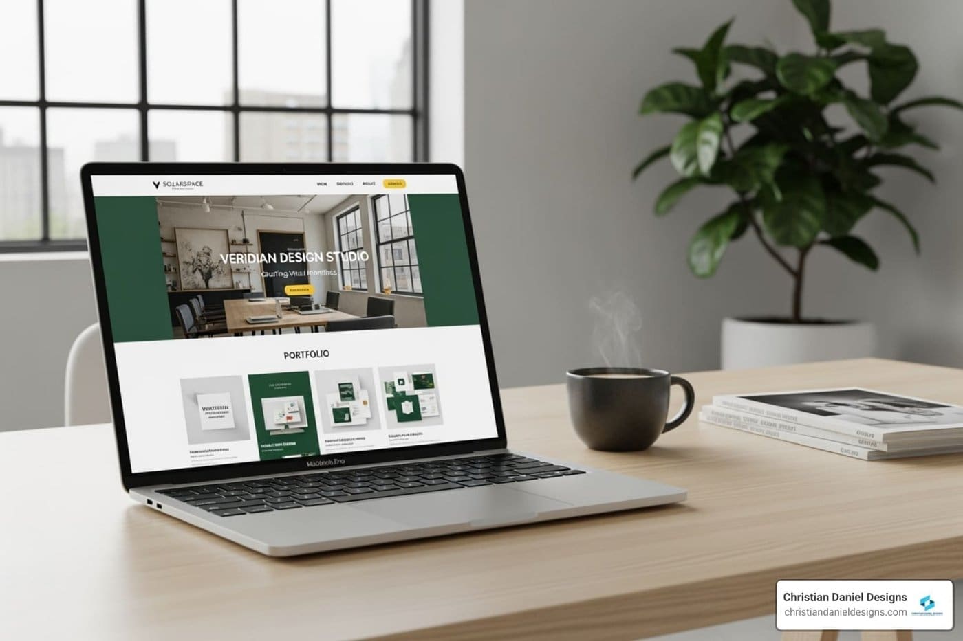 Modern workspace with laptop displaying Squarespace website design by NYC web designer.