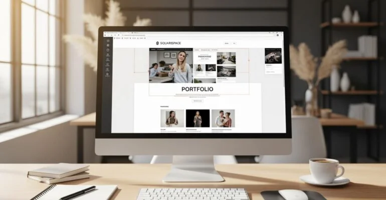 Modern workspace with computer displaying Squarespace portfolio by NYC web designer.