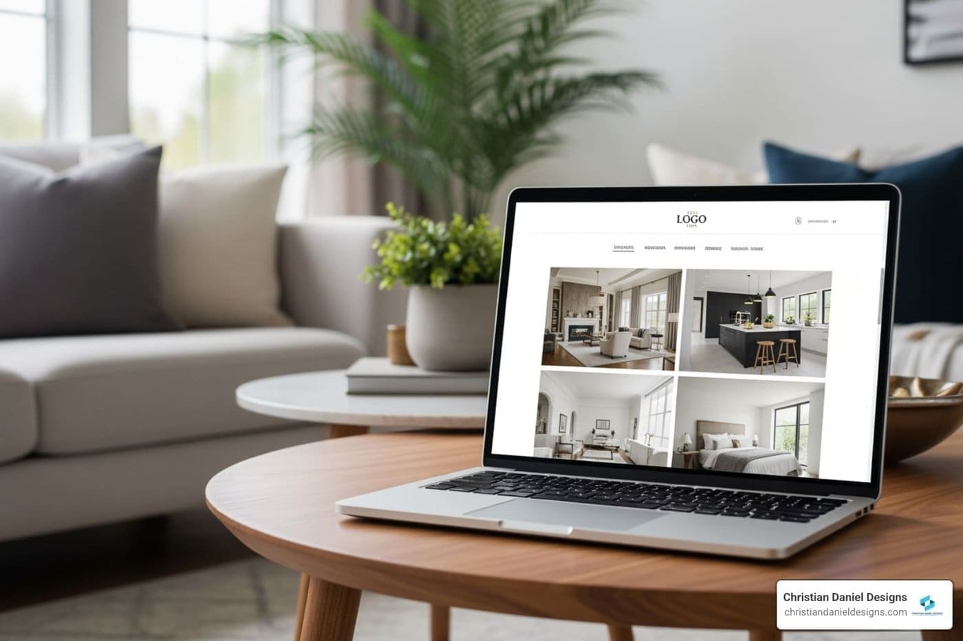 Laptop displaying Squarespace interior design website in modern living room.