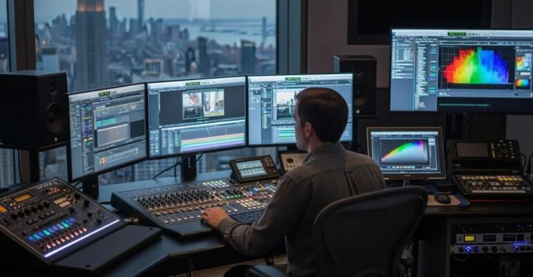 NYC video editor at work with multiple screens, showcasing web design tools.