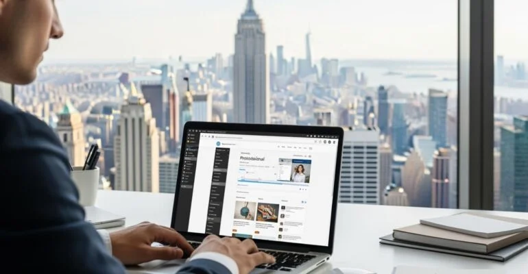 NYC web designer working on WordPress site with city skyline view.